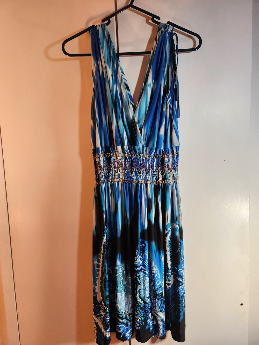 Blue Multi-Pattern V-Neck Women's Dress